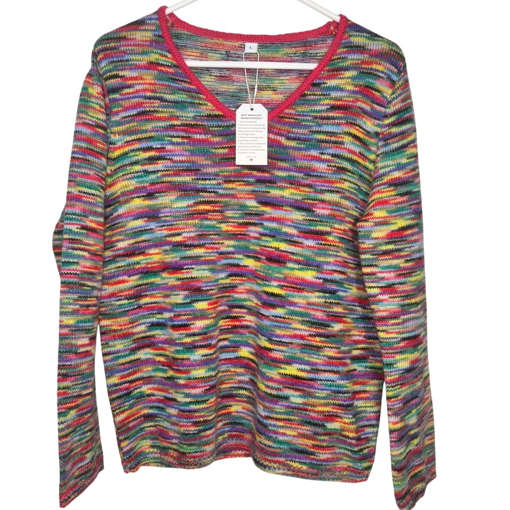 Multicolor Knit Striped V Neck Sweater Pullover Large Indie Happy Retrocore Cozy